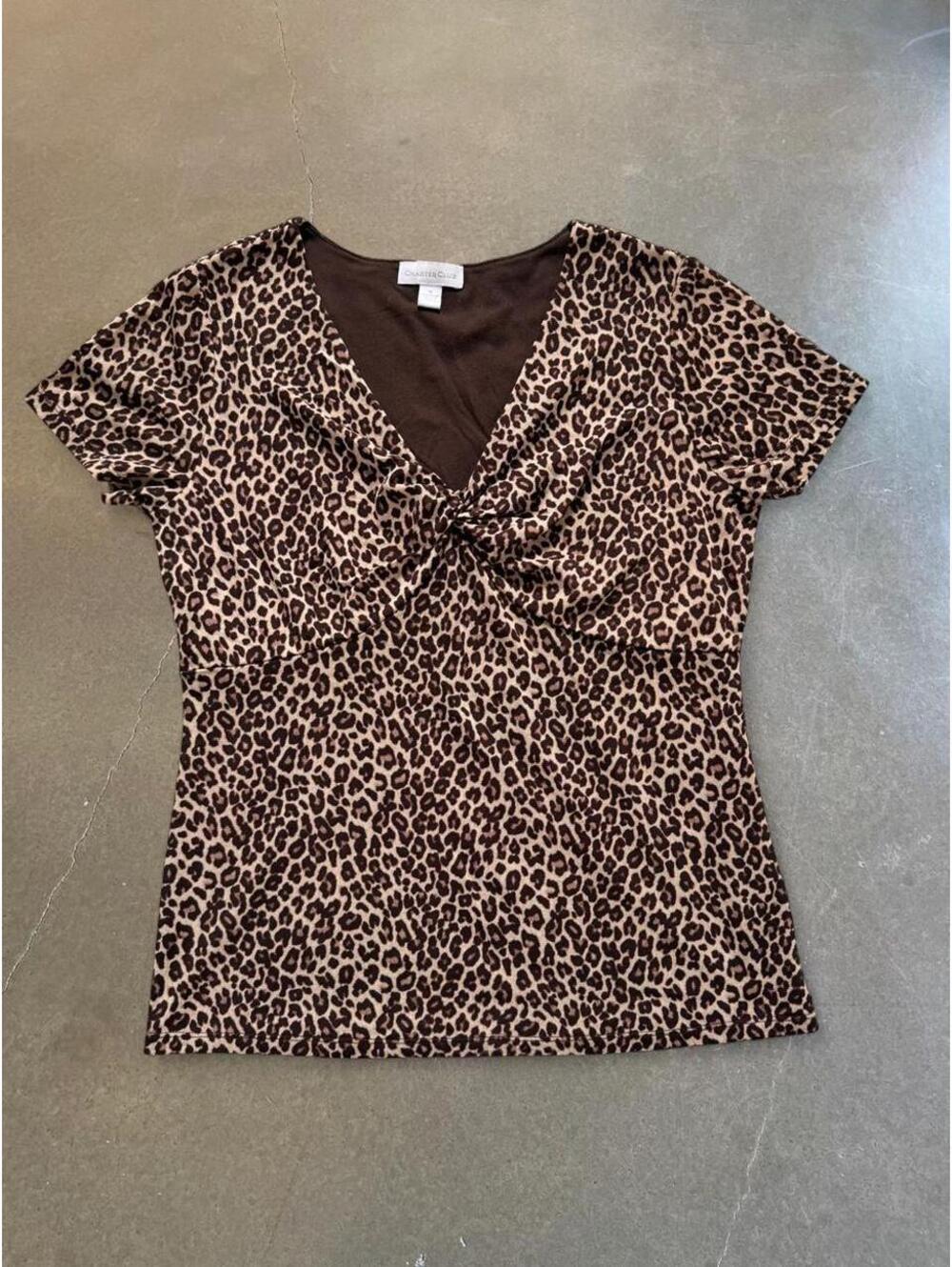 Y2K Charter Club Leopard Print Ruched Bust Short Sleeve Top S
